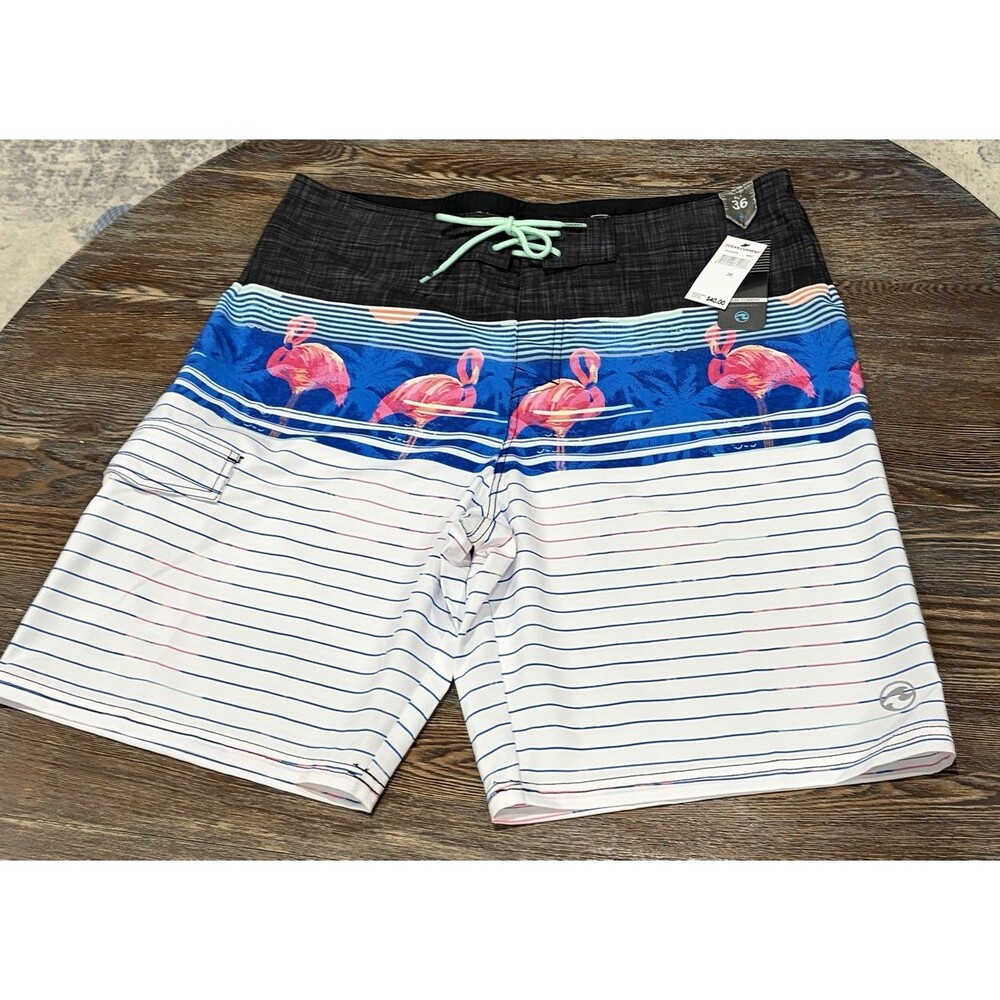 OCEAN CURRENT Stripe Flamingo Swim Board Shorts - Sz 36 Waist - Ret $40 - NWT